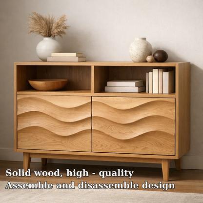Modern Solid Wood Console Cabinet with Wavy Design - Stylish Storage for Living Room