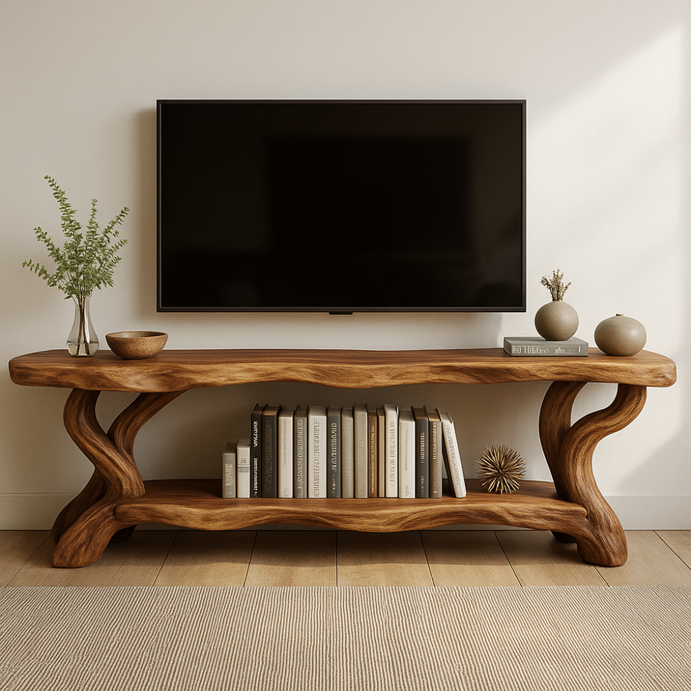 Handcrafted Solid Wood TV Stand – Organic Live Edge Design with Sculptural Shelf Base Kitchnce