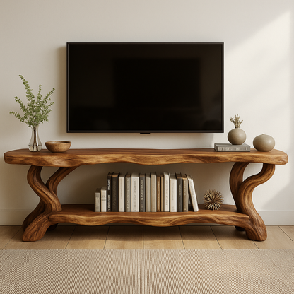 Handcrafted Solid Wood TV Stand – Organic Live Edge Design with Sculptural Shelf Base Kitchnce