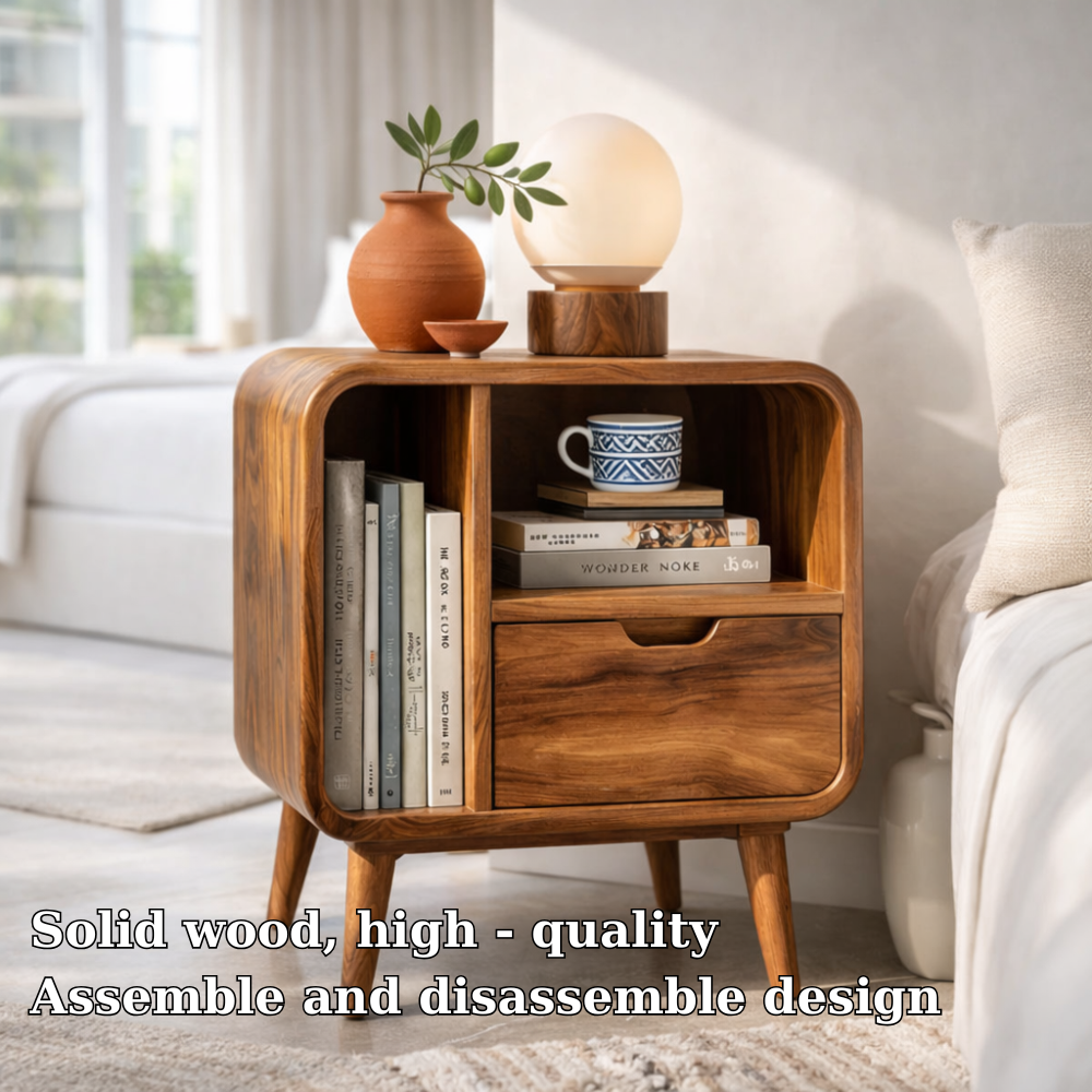 Mid Century Solid Wood Nightstand with Drawer & Shelf – Modern Bedside Table