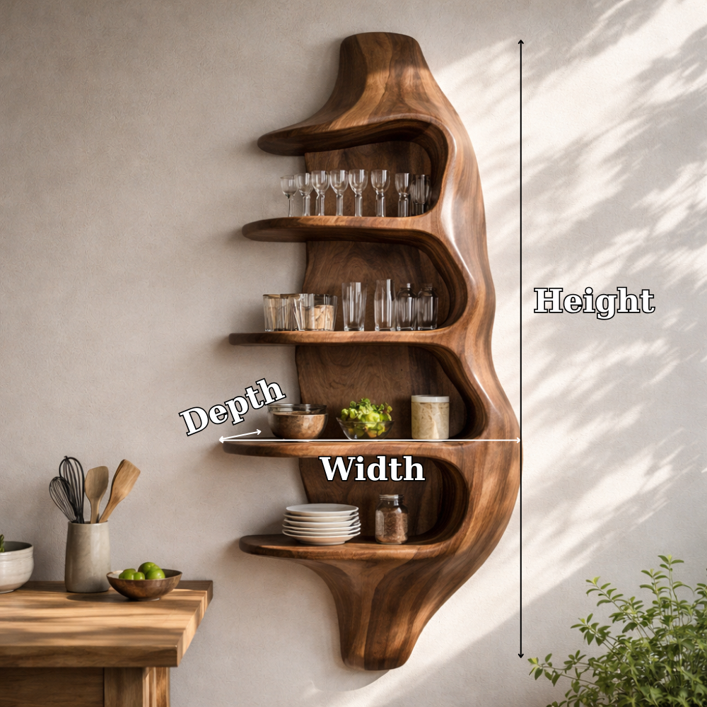 Solid Walnut Wall Mounted Kitchen Cabinet Shelf – Organic Curved Wooden Storage Display