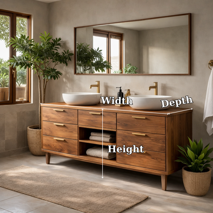 Solid Wood Double Bathroom Vanity with Drawers and Center Open Shelf Storage