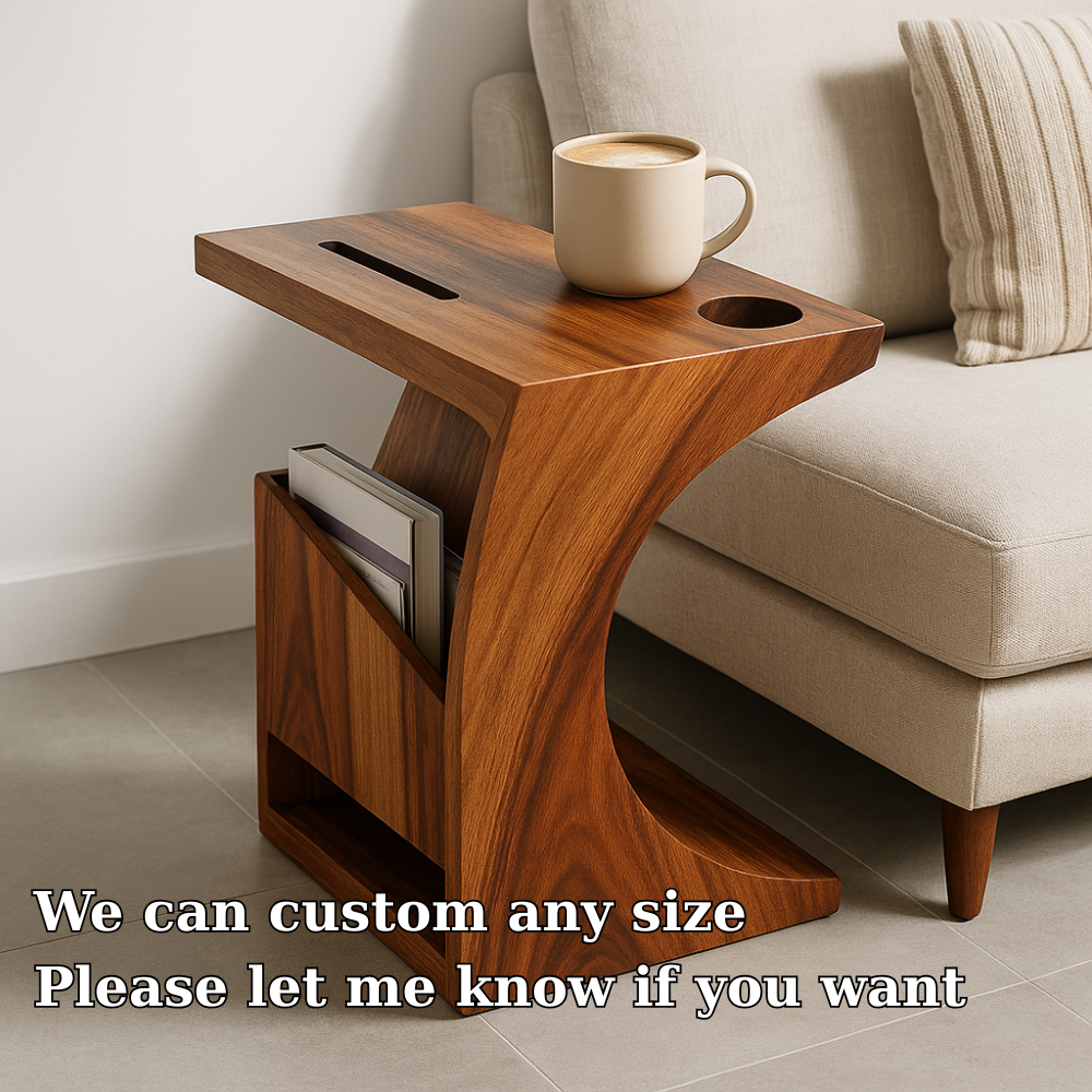 Solid Wood Sofa Armrest Table with Cup Holder and Magazine Rack Side Table