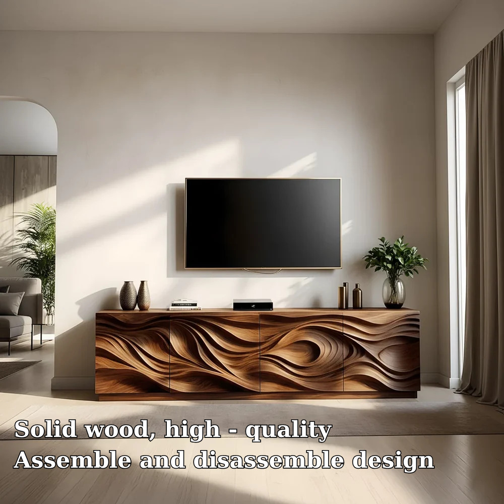 Solid Wood TV Stand Modern Media Console with Sculpted Wave Design