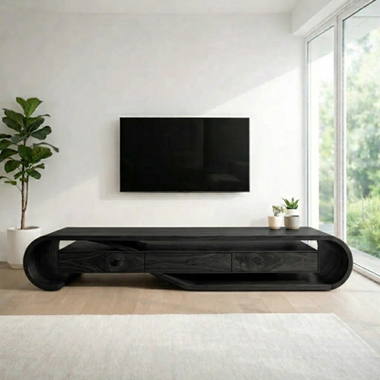 Solid Wood Media Console with Sculptural Curved Frame & Drawers, Modern TV Stand