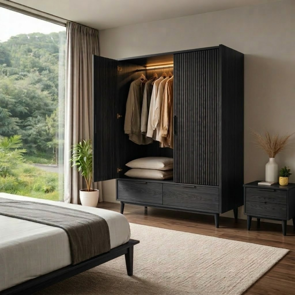Solid Wood Wardrobe with Slatted Doors and Drawers – Modern Bedroom Closet