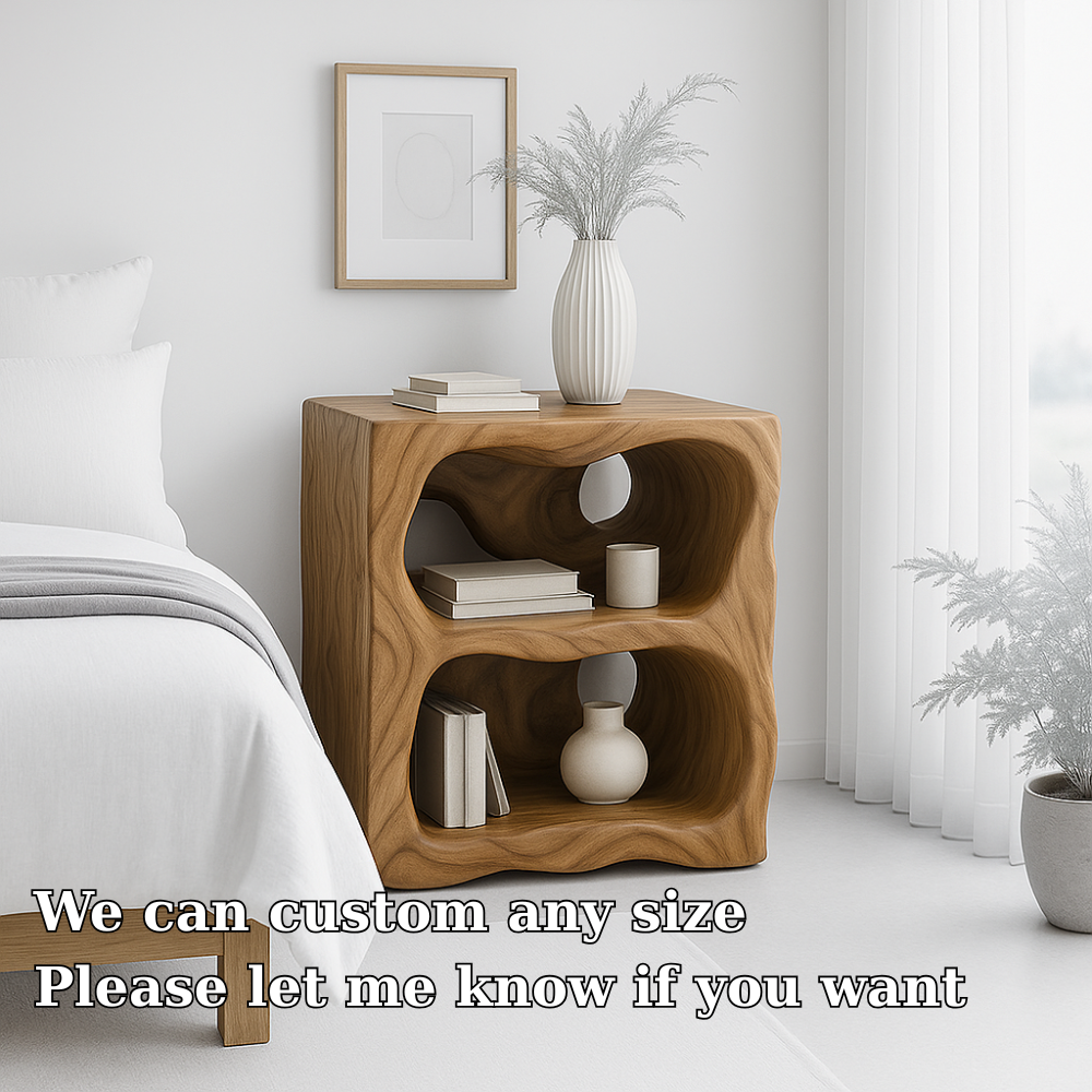 Handcrafted Solid Wood Nightstand – Organic Sculpted Bedside Table with Open Shelves Kitchnce