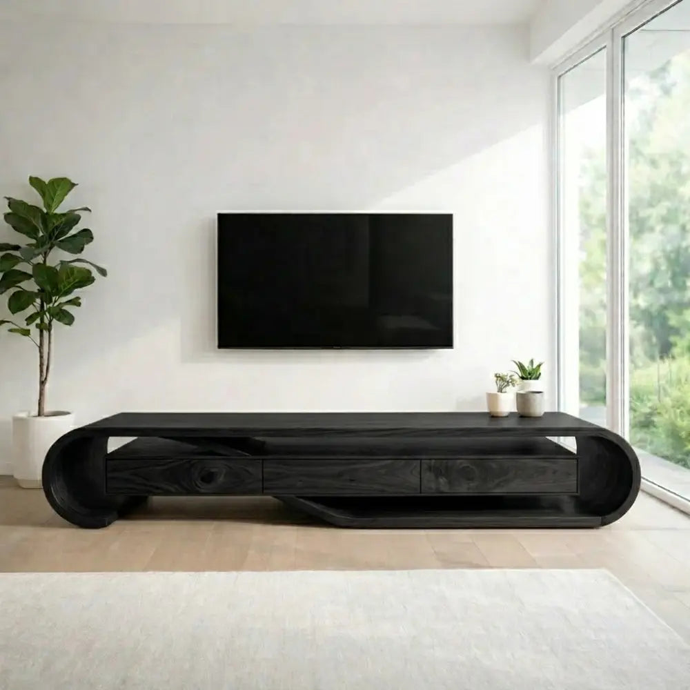 Solid Wood TV Cabinet with Curved Design – Modern Walnut Media Console Kitchnce