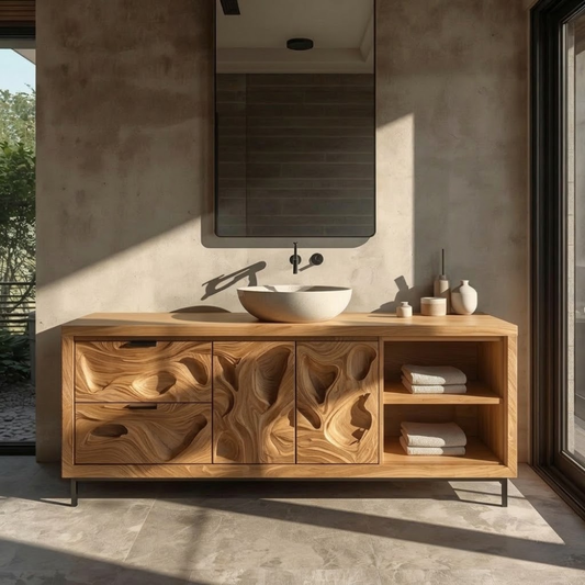Solid Wood Bathroom Vanity with Sculpted Organic Design – Modern Storage Cabinet