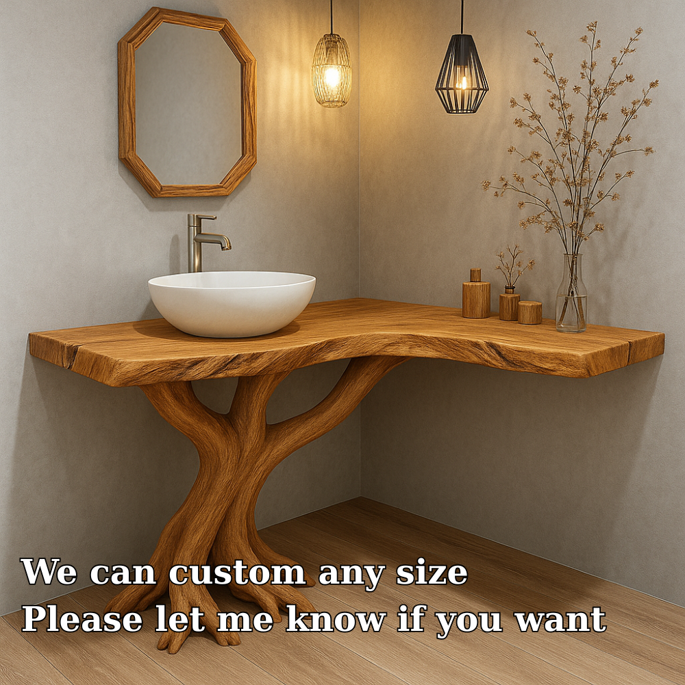 Handcrafted Solid Wood Bathroom Vanity – Sculptural Tree Root Base with Natural Live Edge Kitchnce
