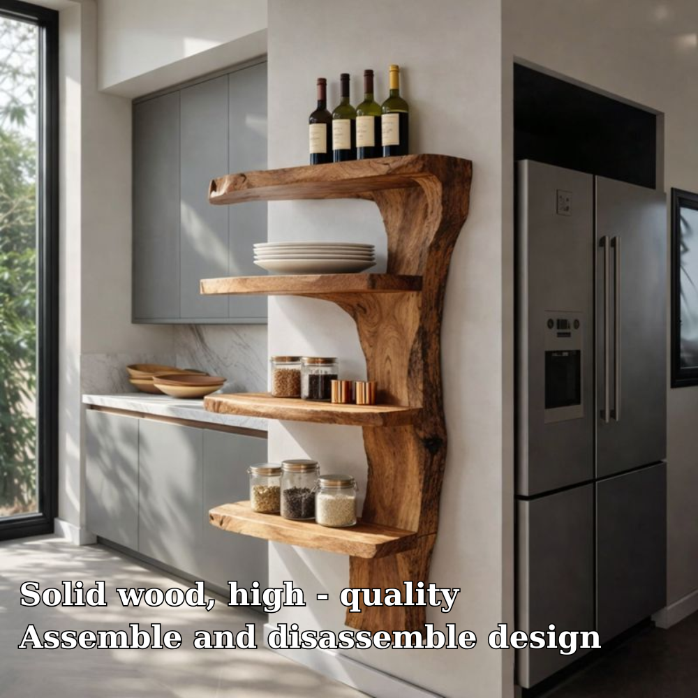 Handcrafted Solid Wood Live Edge Wall Shelf - Rustic Floating Kitchen Organizer & Display