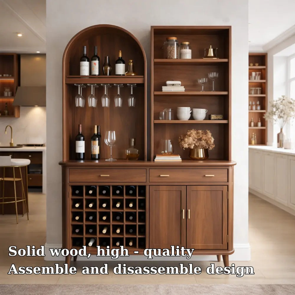 Solid Wood Bar Cabinet with Wine Rack, Arched Shelf & Open Display Storage Kitchnce
