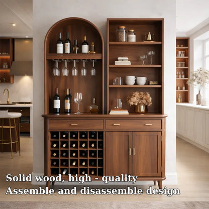 Solid Wood Bar Cabinet with Wine Rack, Arched Shelf & Open Display Storage Kitchnce