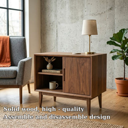 Solid Wood End Table with Sliding Door and Shelf – Mid Century Modern Side Table