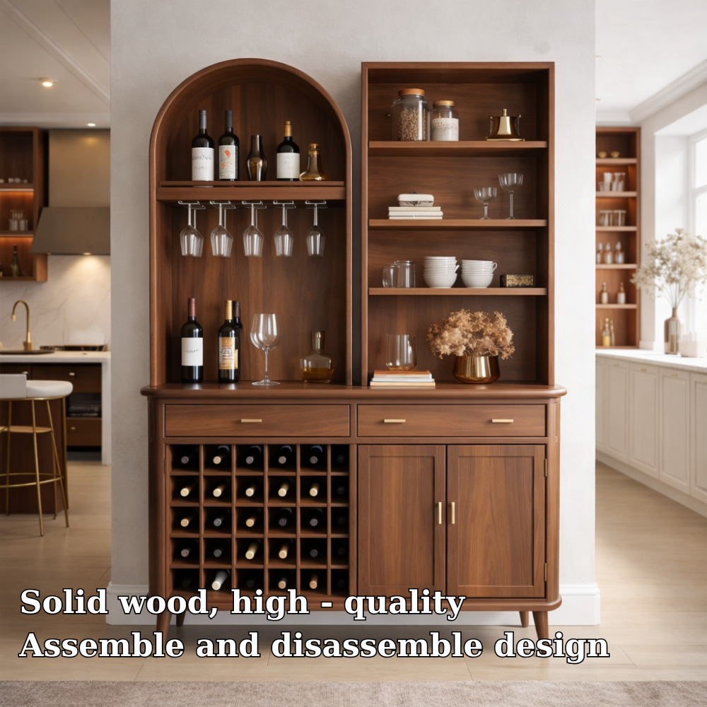 Solid Wood Bar Cabinet with Wine Rack, Arched Shelf & Open Display Storage