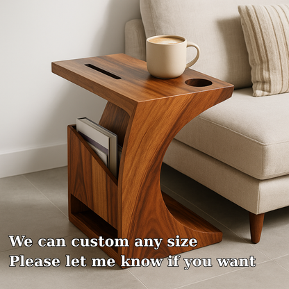 Handcrafted Solid Wood Armrest Table with Cup Holder & Magazine Storage Kitchnce