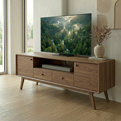 Mid Century Solid Wood Media Console – Modern TV Stand with Drawers & Storage