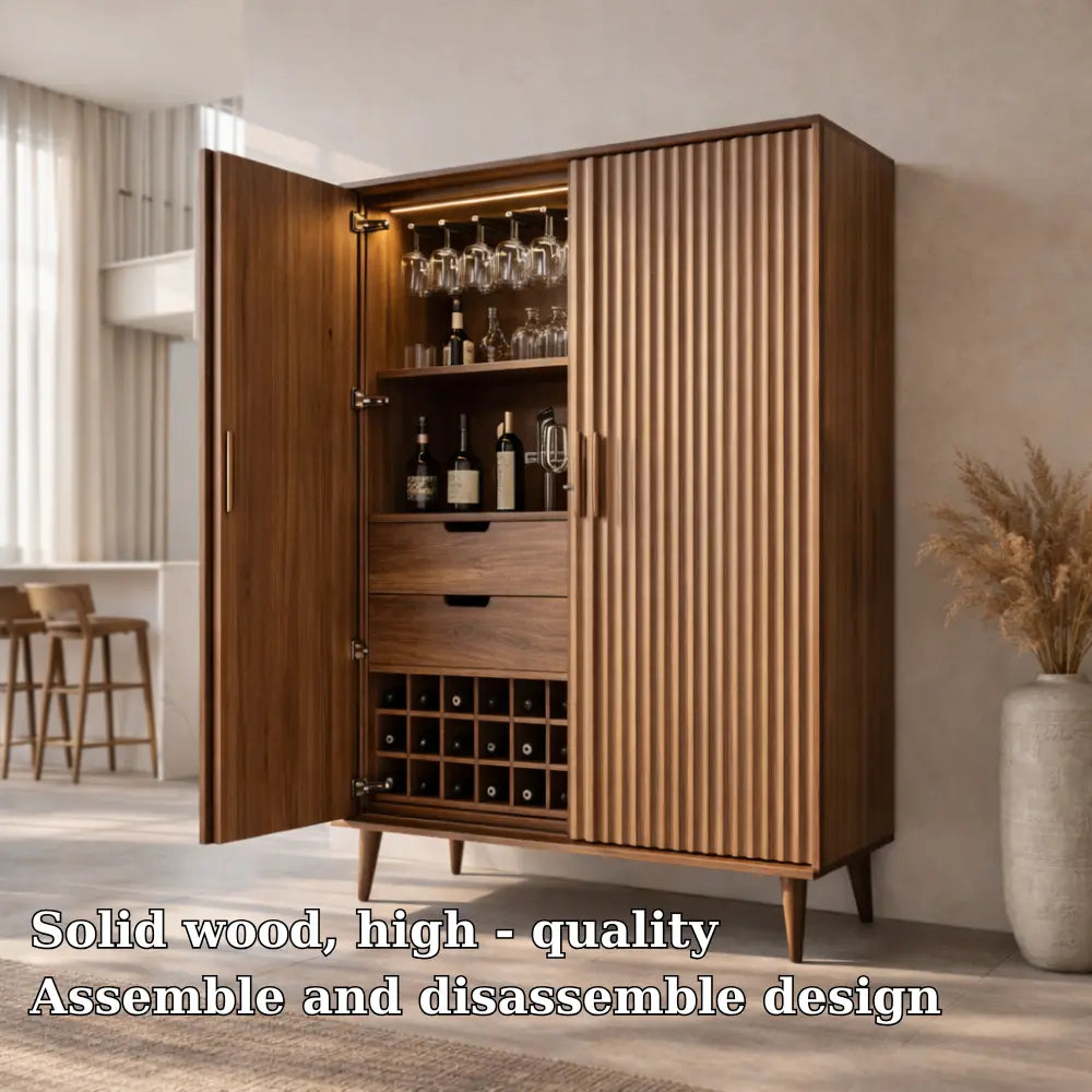 Solid Wood Bar Cabinet with Fluted Doors, Wine Storage & Glass Rack – Modern Home Bar Kitchnce