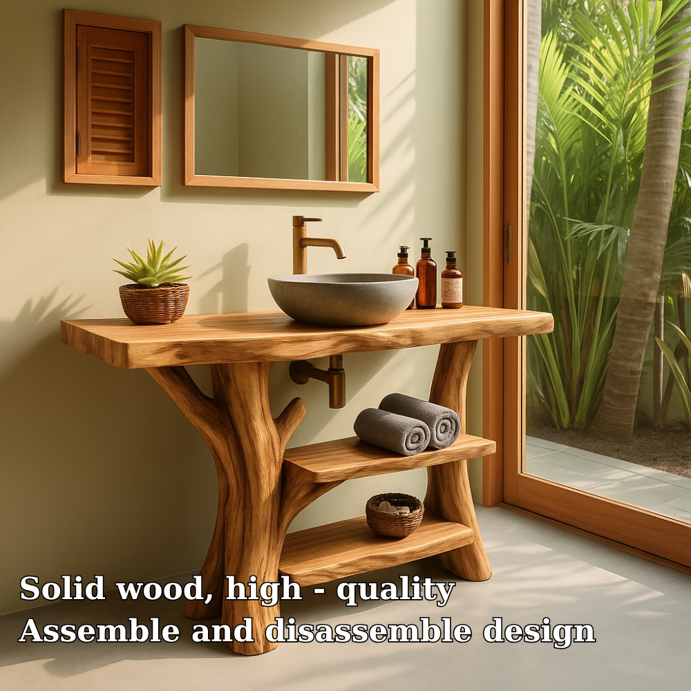 Handcrafted Solid Wood Bathroom Vanity – Organic Double Shelf Design for Natural Interiors Kitchnce