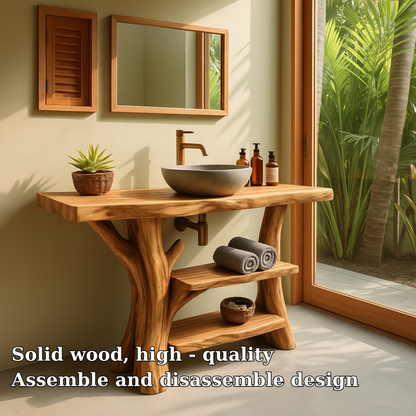 Handcrafted Solid Wood Bathroom Vanity – Organic Double Shelf Design for Natural Interiors Kitchnce