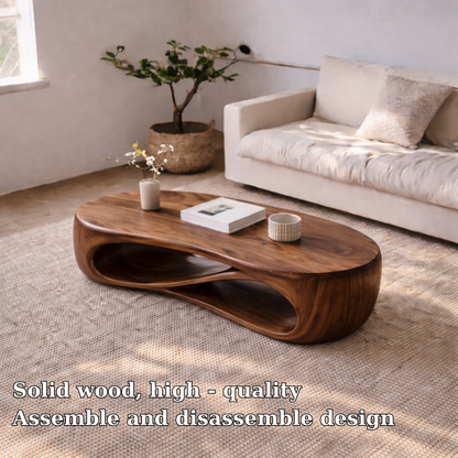 Solid Wood Sculptural Coffee Table with Curved Storage Shelf – Modern Living Room Table Kitchnce