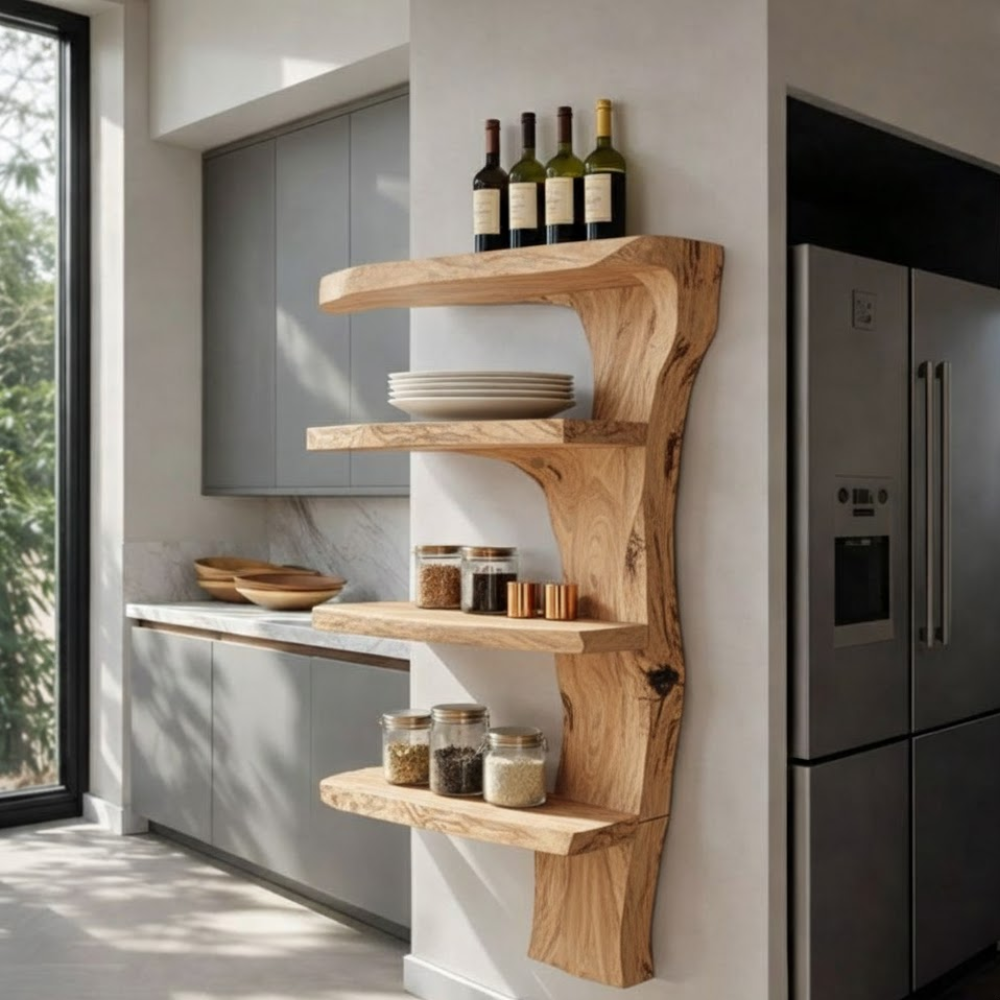 Handcrafted Solid Wood Live Edge Wall Shelf - Rustic Floating Kitchen Organizer & Display