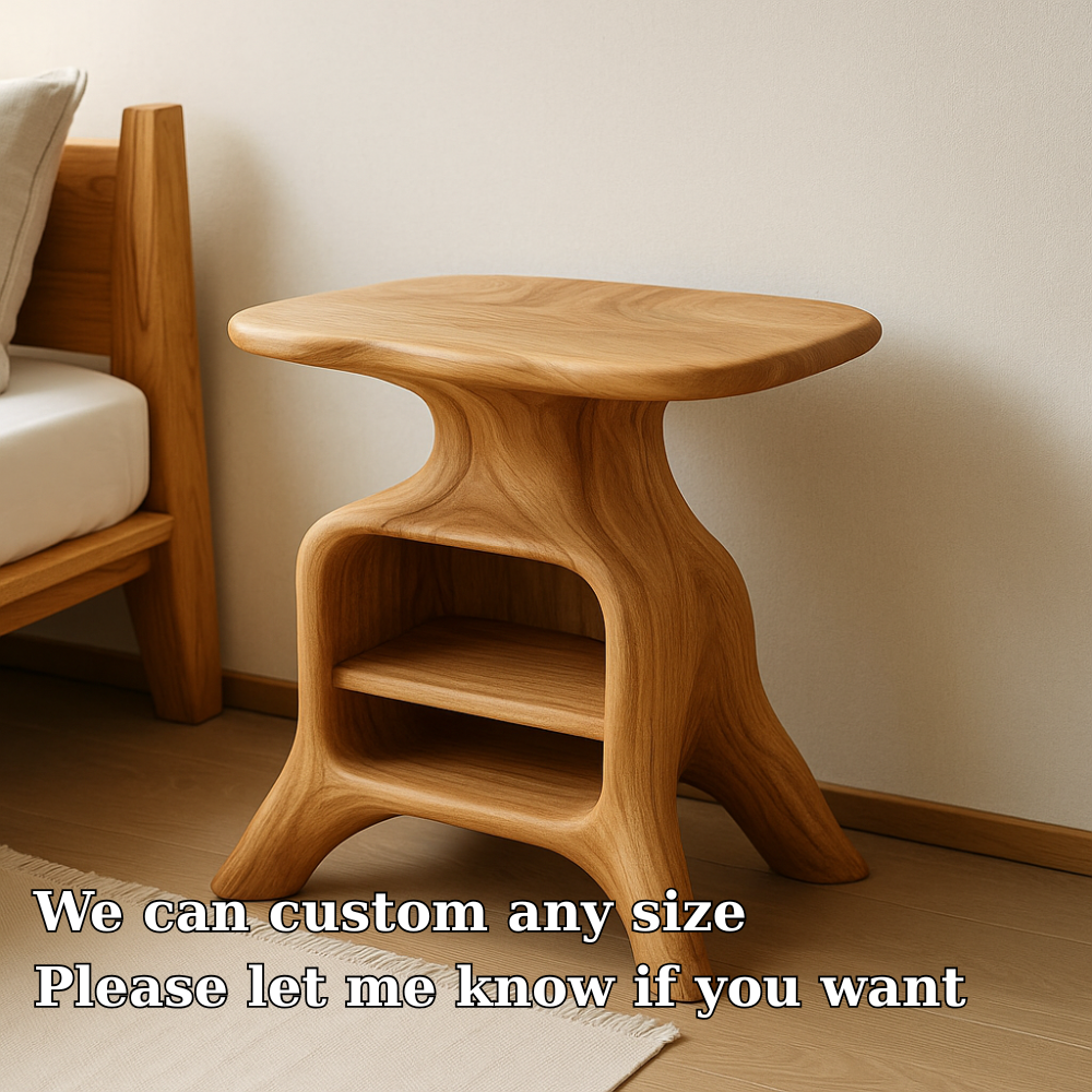 Handcrafted Solid Wood Nightstand – Sculpted Organic Bedside Table with Open Shelf Kitchnce