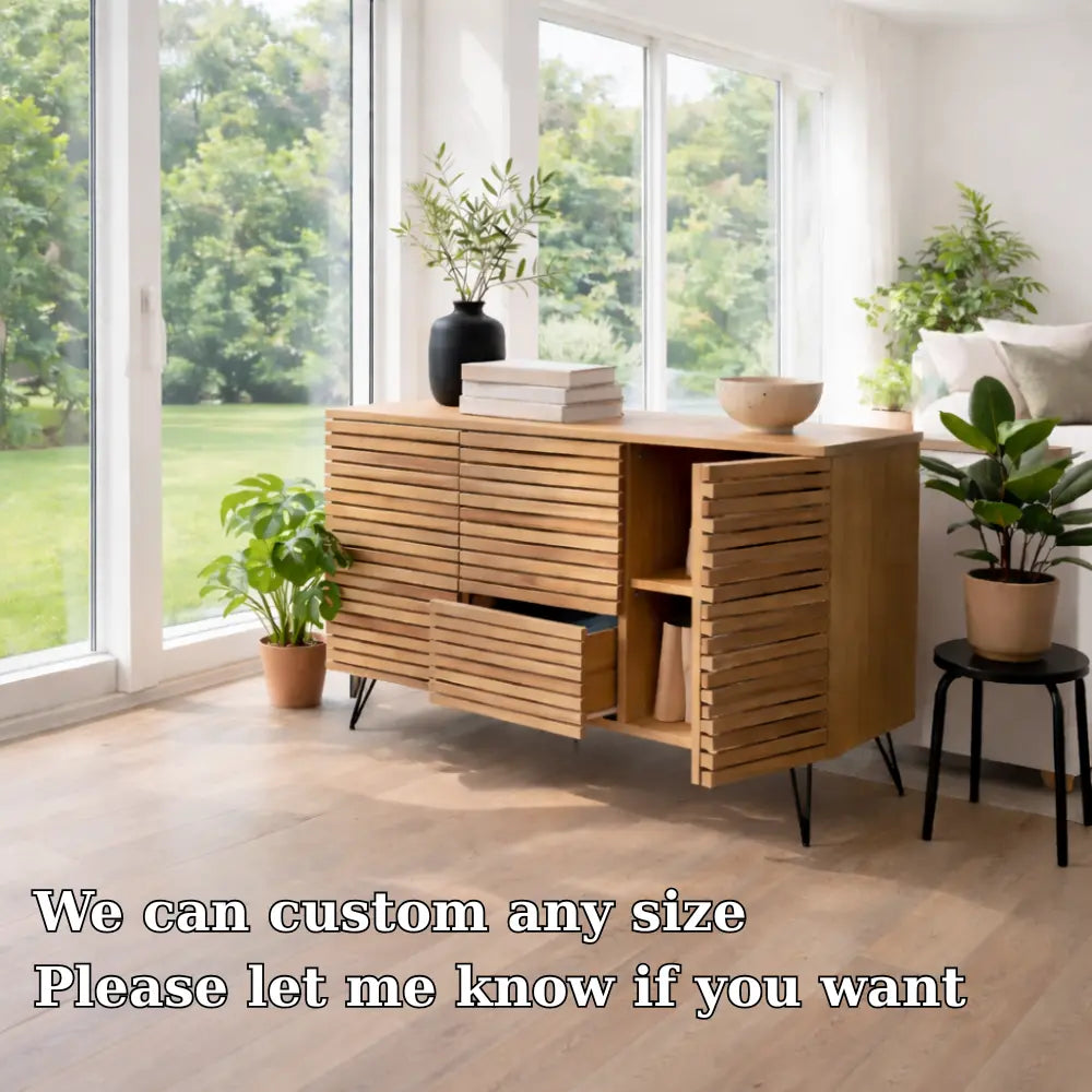 Modern Solid Wood Slatted Console Table with Storage Cabinet & Drawers Kitchnce