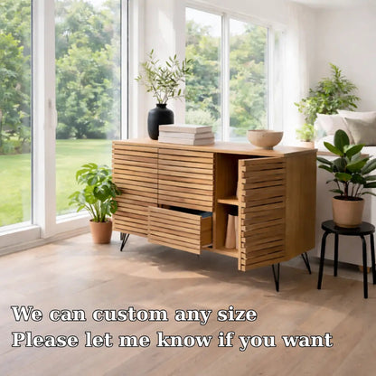 Modern Solid Wood Slatted Console Table with Storage Cabinet & Drawers Kitchnce