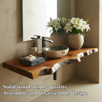 Live Edge Floating Vanity Shelf | Solid Wood Wall-Mounted Bathroom Counter Kitchnce