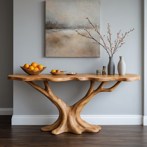 Handcrafted Solid Wood Console Table with Tree Branch Base – Modern Organic Entryway Design Kitchnce