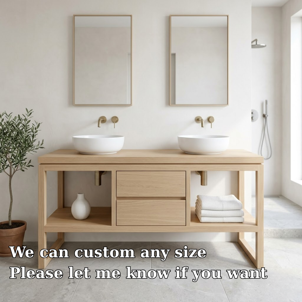 Bathroom Vanity Cabinet Double Sink Open Shelf Modern Solid Wood Base