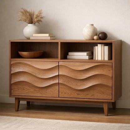 Modern Solid Wood Console Cabinet with Wavy Design - Stylish Storage for Living Room