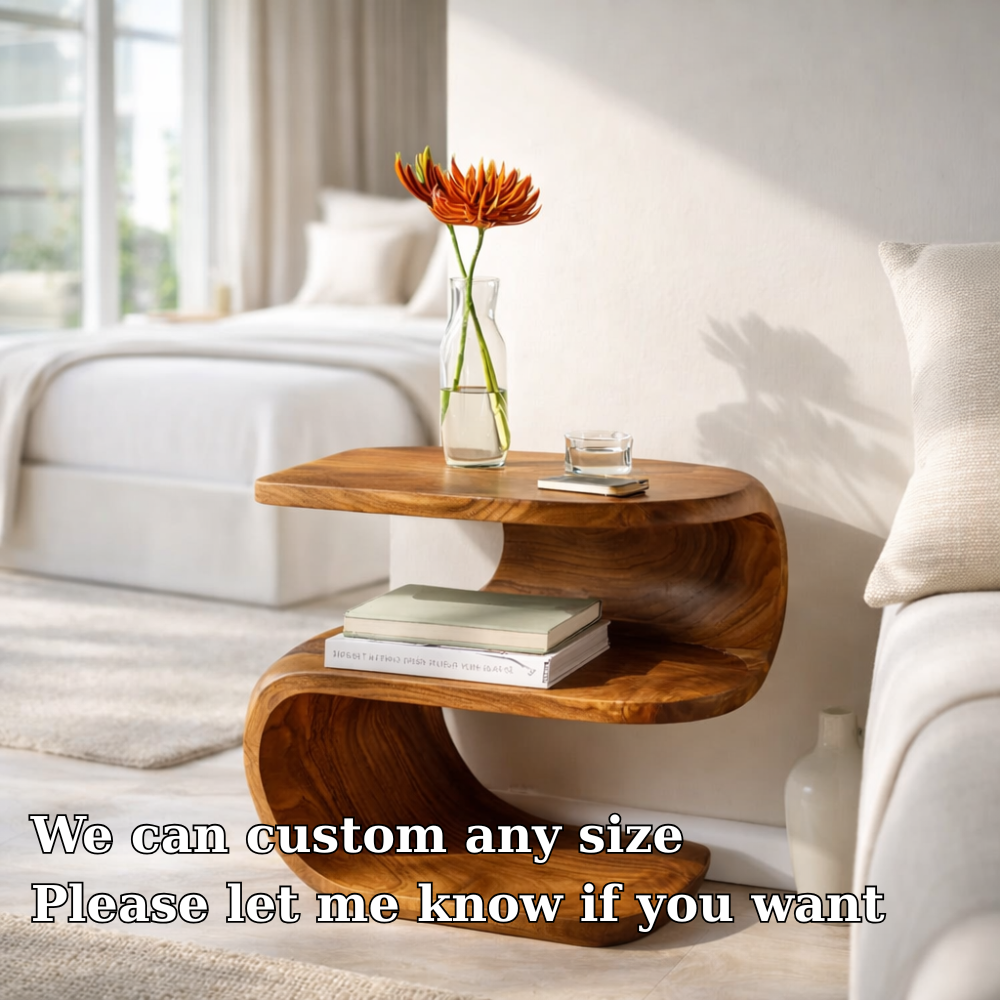 Solid Wood Nightstand with Curved Design – Modern Bedside Table with Storage