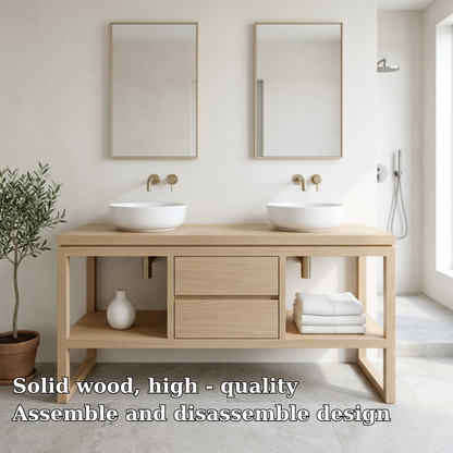 Bathroom Vanity Cabinet Double Sink Open Shelf Modern Solid Wood Base