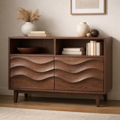Modern Solid Wood Console Cabinet with Wavy Design - Stylish Storage for Living Room