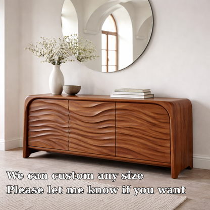 Solid Wood Console Table with Sculpted Wave Front – Modern Entryway Storage Cabinet