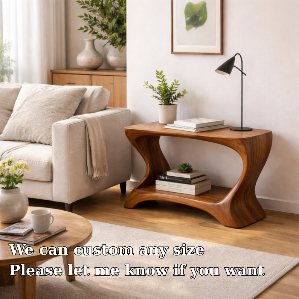 Modern Solid Wood End Table with Shelf – Curved Wooden Side Table for Living Room Kitchnce