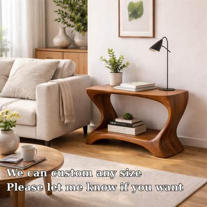 Modern Solid Wood End Table with Shelf – Curved Wooden Side Table for Living Room Kitchnce