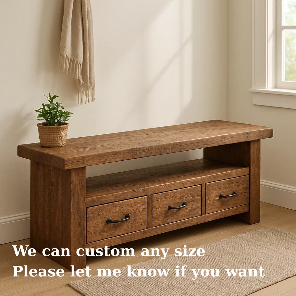 Handcrafted Solid Wood Bench – Rustic Entryway Storage Bench with 3 Drawers Kitchnce