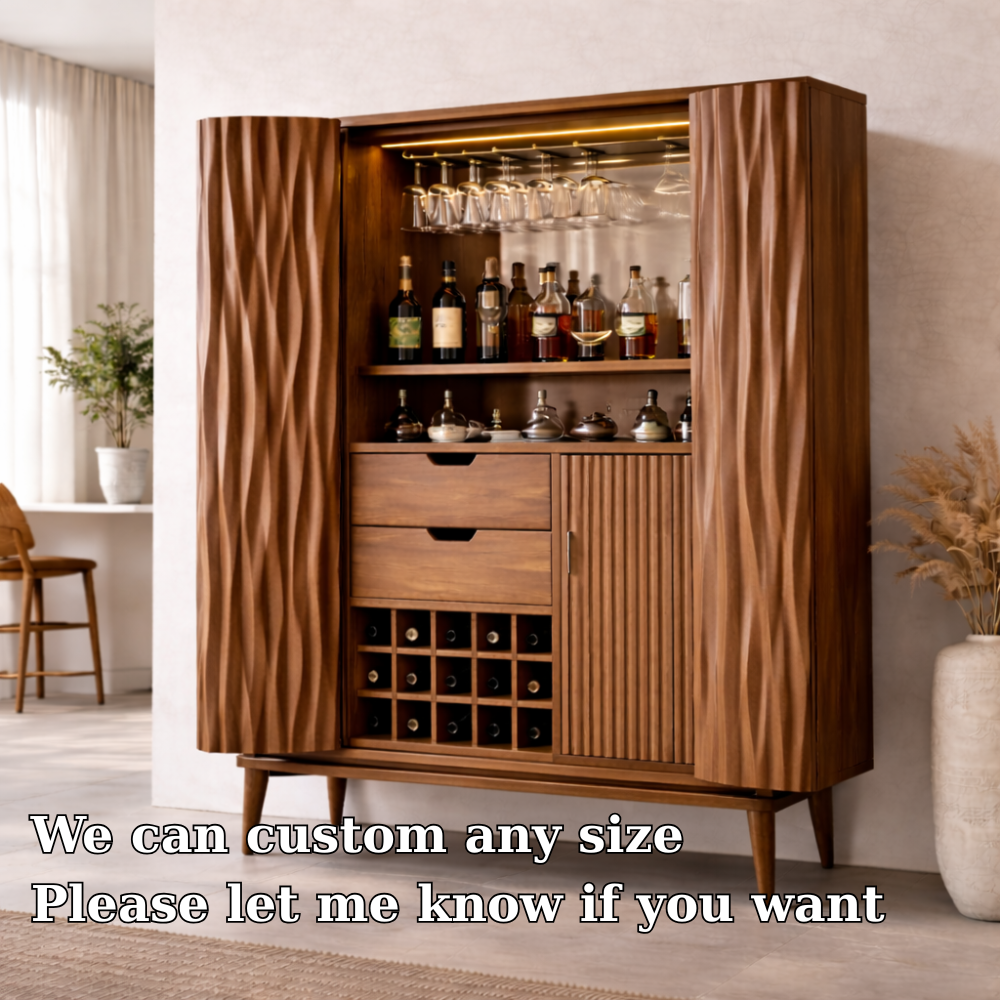 Solid Wood Bar Cabinet with Carved Doors, Wine Rack & Glass Holder – Modern Home Bar Storage