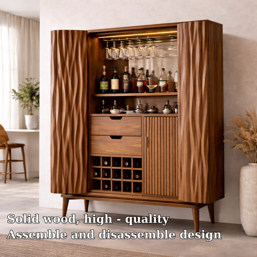 Solid Wood Bar Cabinet with Carved Doors, Wine Rack & Glass Holder – Modern Home Bar Storage