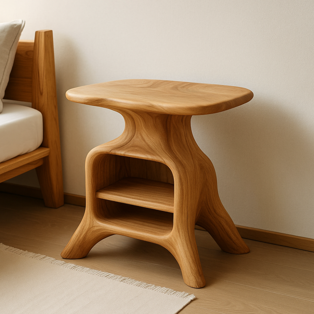 Handcrafted Solid Wood Nightstand – Sculpted Organic Bedside Table with Open Shelf Kitchnce