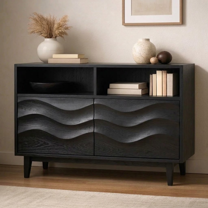 Modern Solid Wood Console Cabinet with Wavy Design - Stylish Storage for Living Room