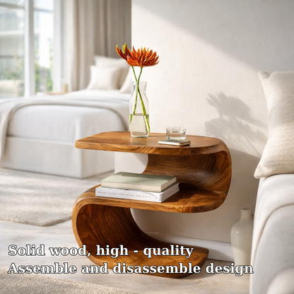 Solid Wood Nightstand with Curved Design – Modern Bedside Table with Storage