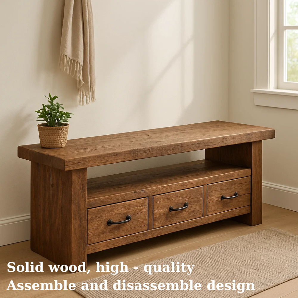 Handcrafted Solid Wood Bench – Rustic Entryway Storage Bench with 3 Drawers Kitchnce