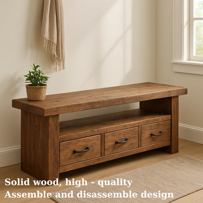 Handcrafted Solid Wood Bench – Rustic Entryway Storage Bench with 3 Drawers Kitchnce