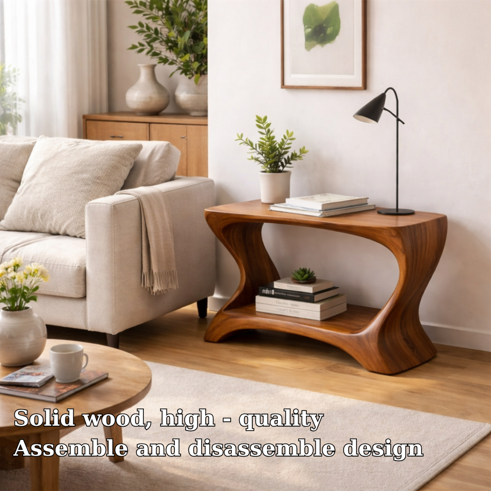 Modern Solid Wood End Table with Shelf – Curved Wooden Side Table for Living Room Kitchnce