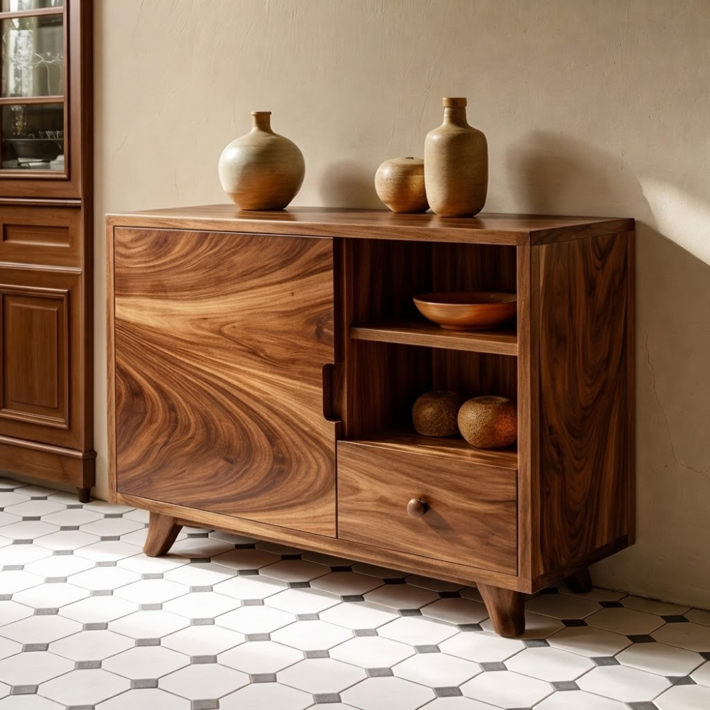Solid Wood Console Cabinet - Mid-Century Modern with Open Shelving and Drawers