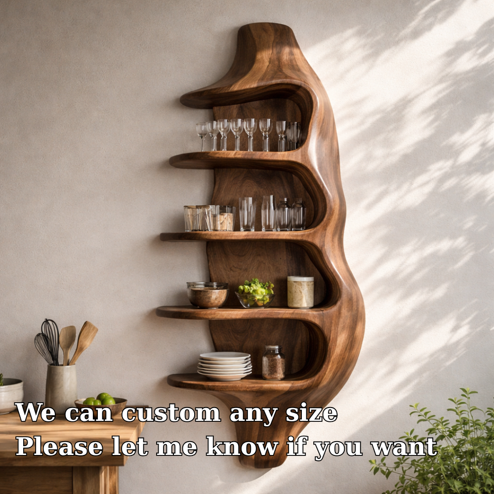 Solid Walnut Wall Mounted Kitchen Cabinet Shelf – Organic Curved Wooden Storage Display